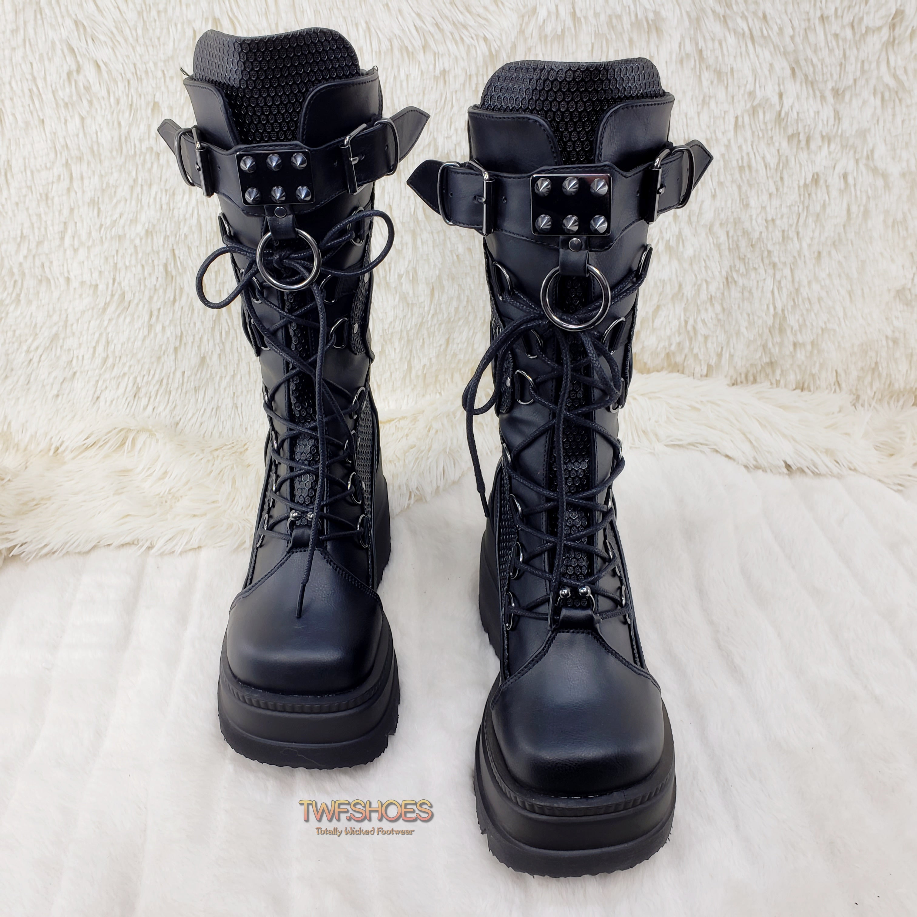 Demonia Shaker 70 Black Platform 4.5" Wedge Mid Calf Goth Punk Rave Boots NY - Totally Wicked Footwear