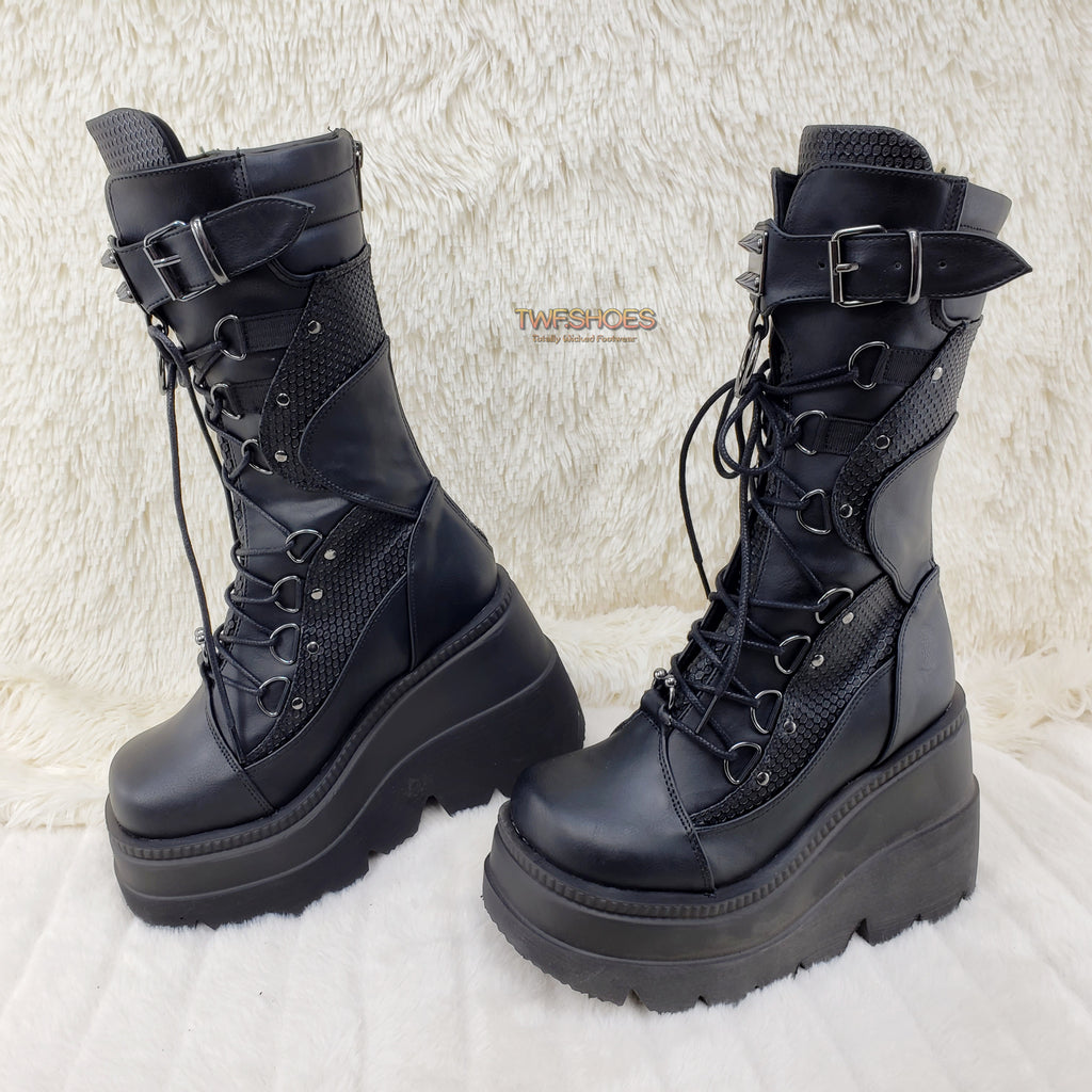 Demonia Shaker 70 Black Platform 4.5" Wedge Mid Calf Goth Punk Rave Boots NY - Totally Wicked Footwear