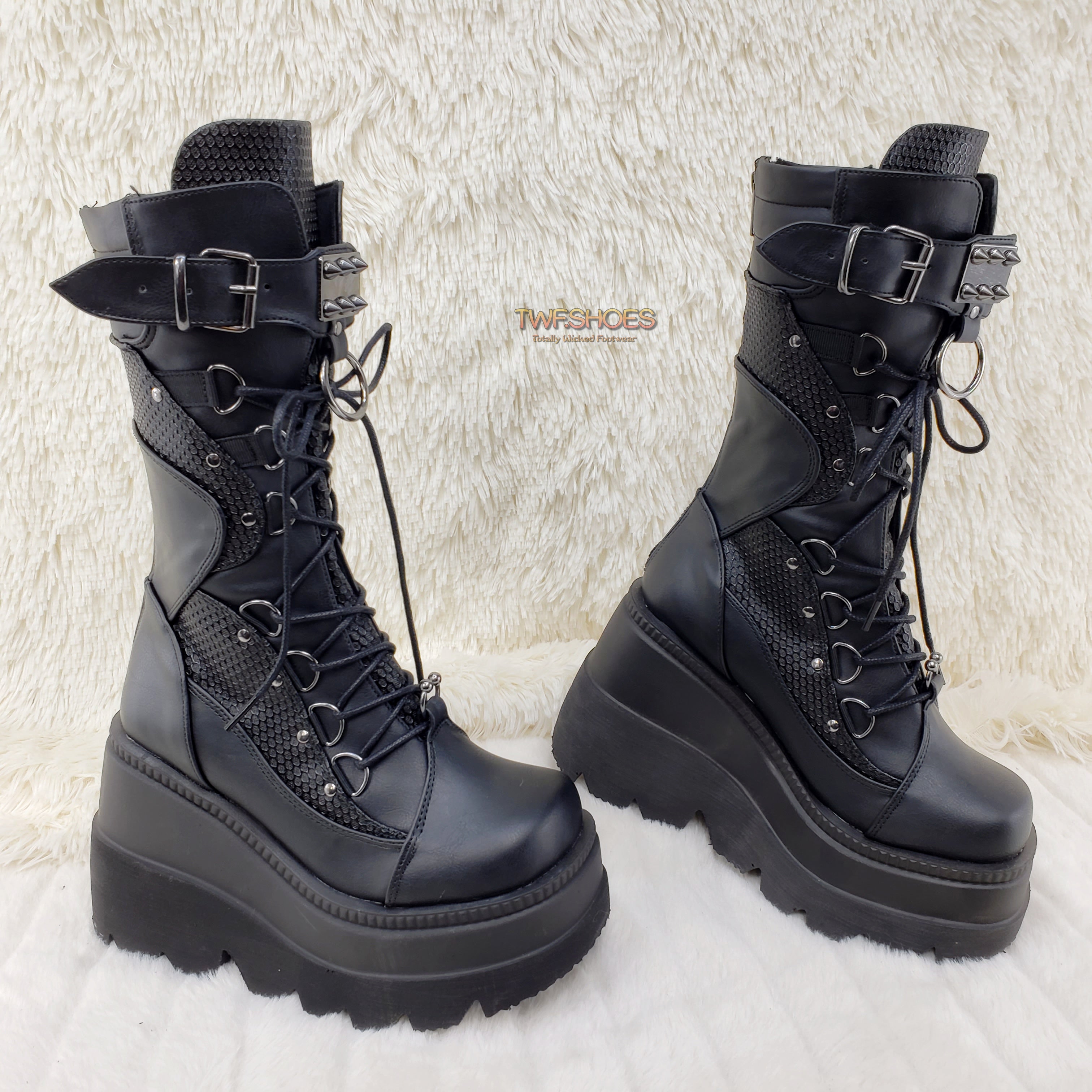 Demonia Shaker 70 Black Platform 4.5" Wedge Mid Calf Goth Punk Rave Boots NY - Totally Wicked Footwear