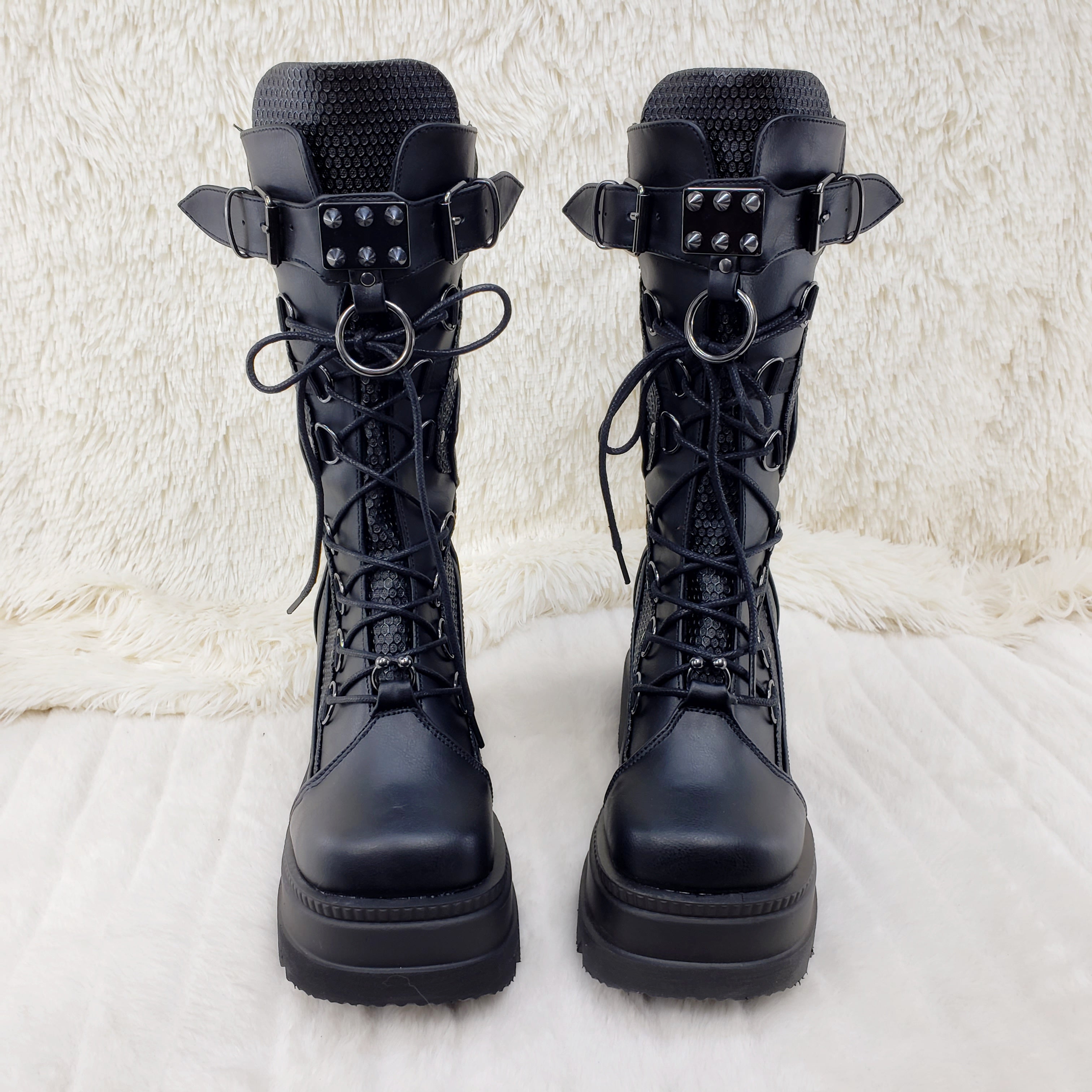 Demonia Shaker 70 Black Platform 4.5" Wedge Mid Calf Goth Punk Rave Boots NY - Totally Wicked Footwear