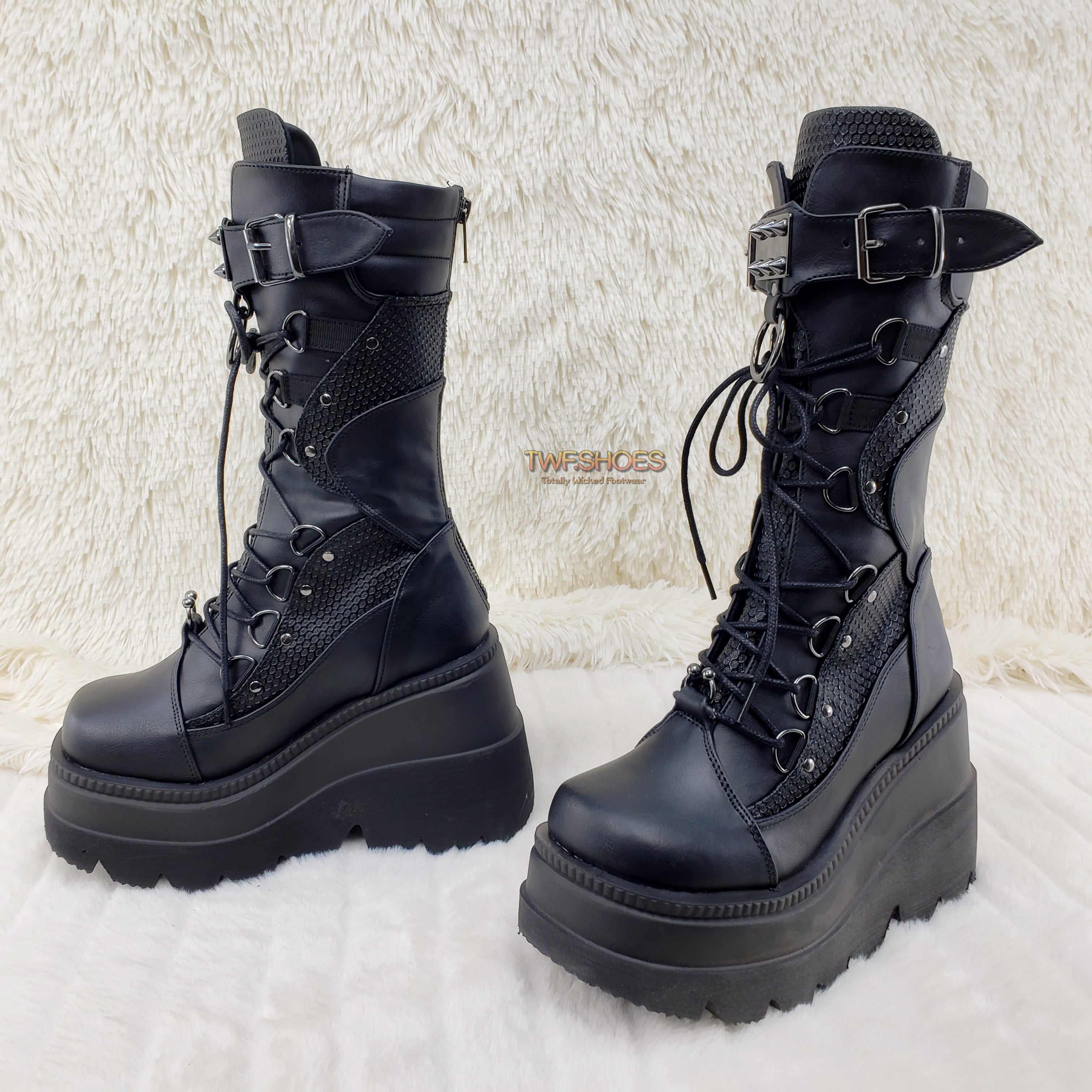 Demonia Shaker 70 Black Platform 4.5" Wedge Mid Calf Goth Punk Rave Boots NY - Totally Wicked Footwear
