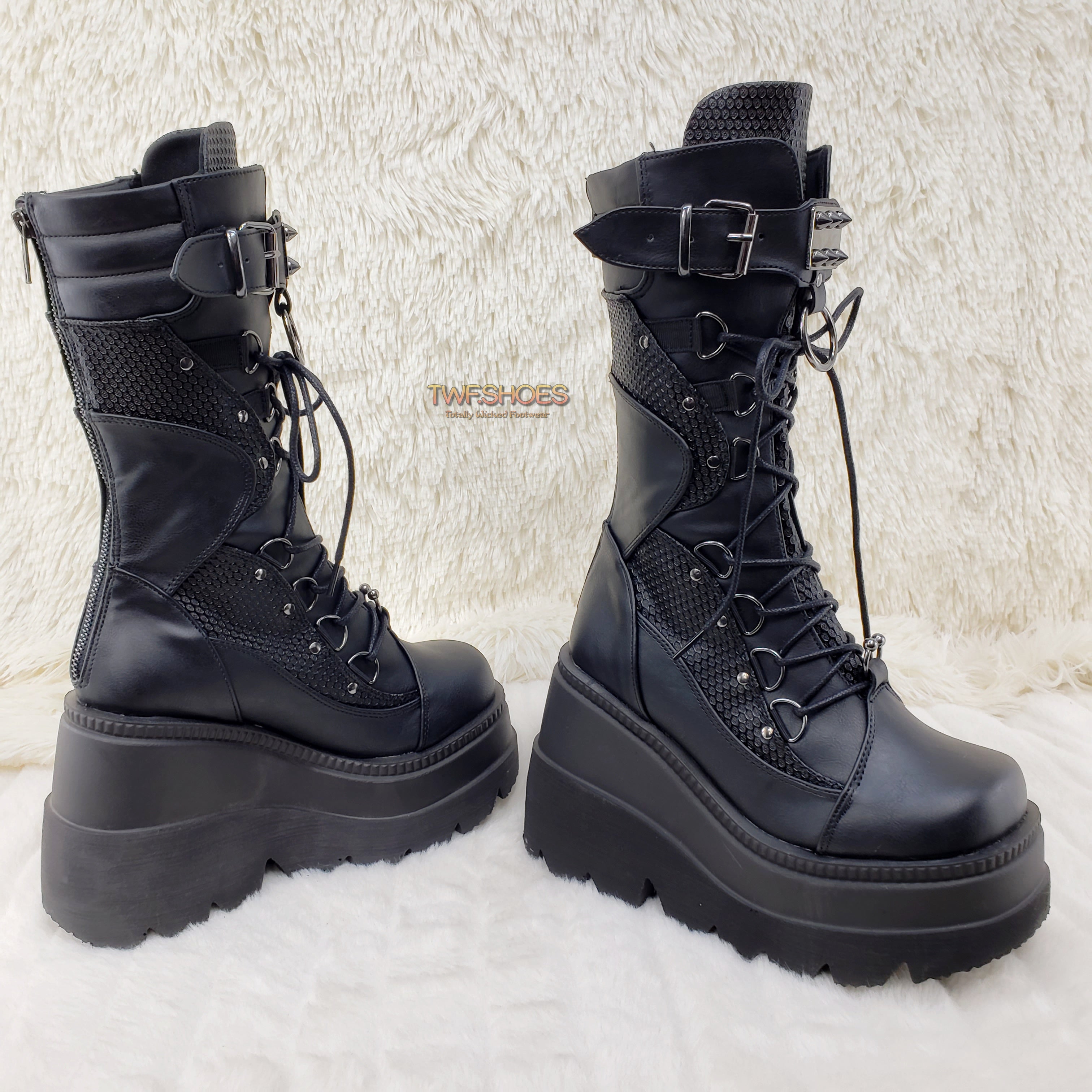 Demonia Shaker 70 Black Platform 4.5" Wedge Mid Calf Goth Punk Rave Boots NY - Totally Wicked Footwear