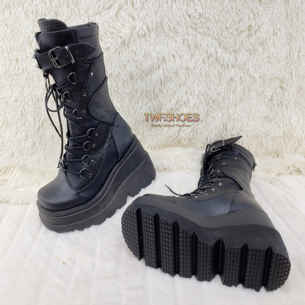 Demonia Shaker 70 Black Platform 4.5" Wedge Mid Calf Goth Punk Rave Boots NY - Totally Wicked Footwear