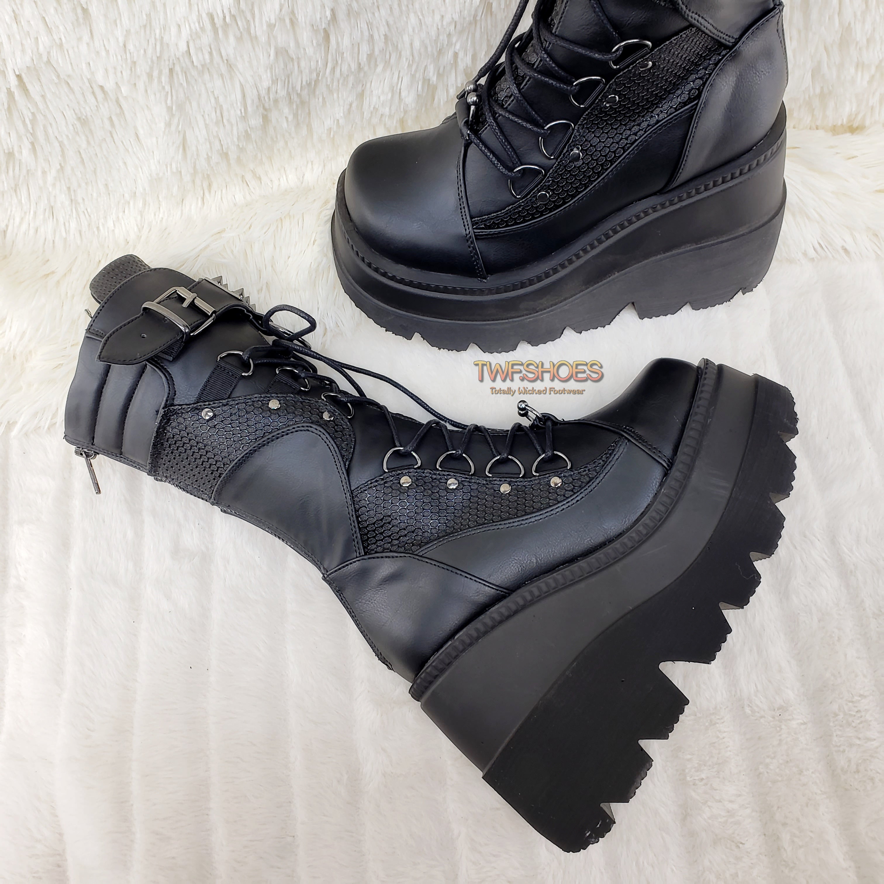 Demonia Shaker 70 Black Platform 4.5" Wedge Mid Calf Goth Punk Rave Boots NY - Totally Wicked Footwear