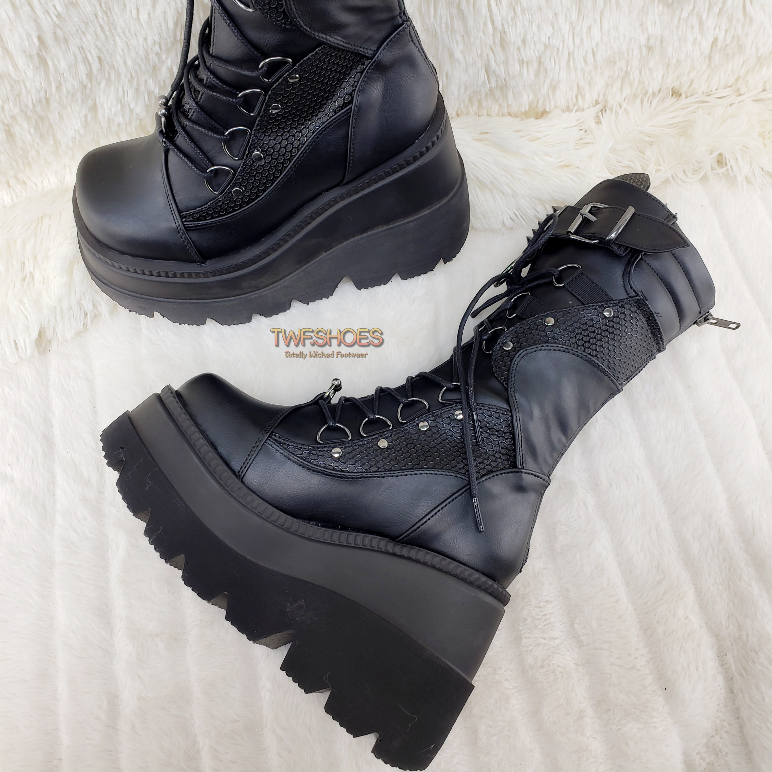 Demonia Shaker 70 Black Platform 4.5" Wedge Mid Calf Goth Punk Rave Boots NY - Totally Wicked Footwear