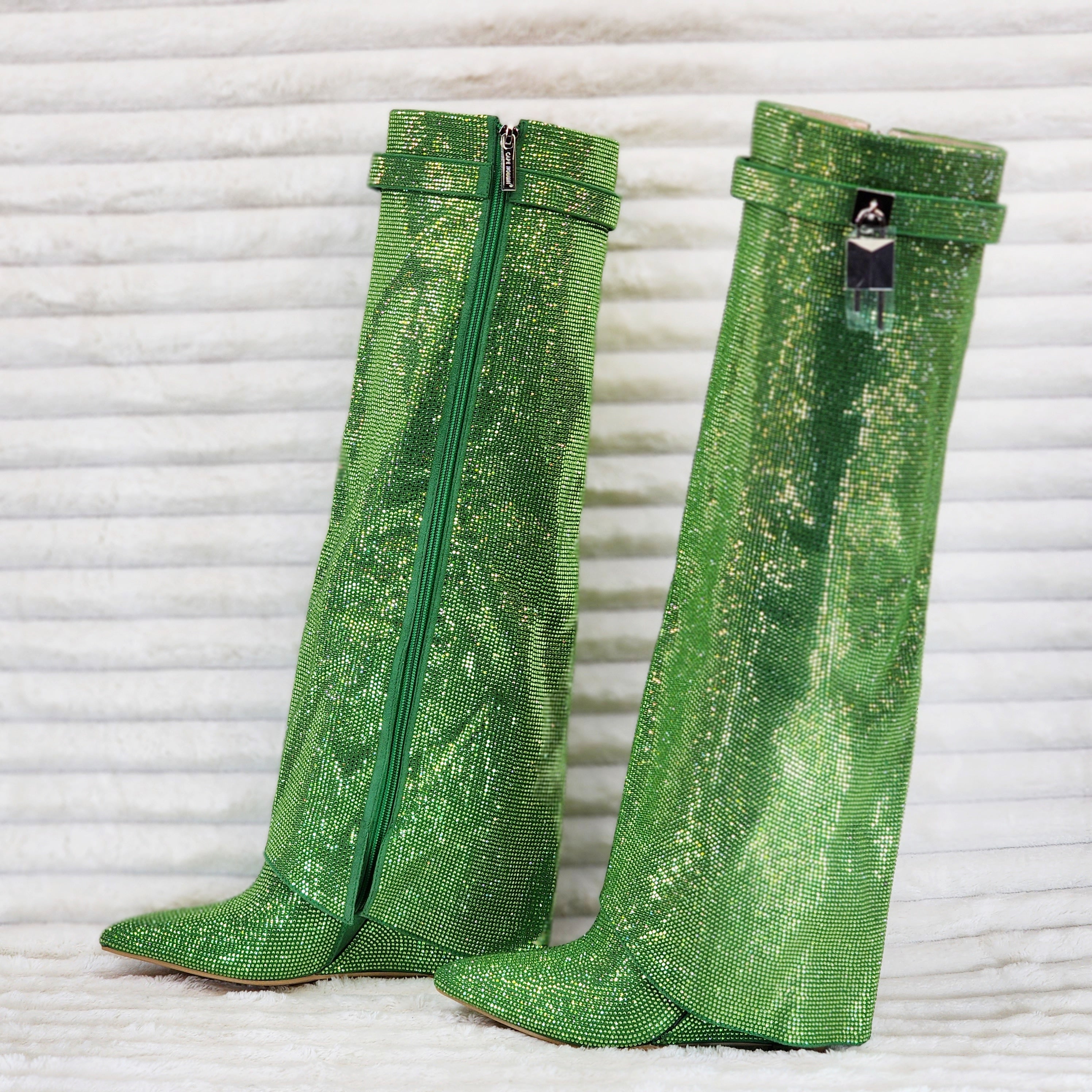 Super Sparkle Sharky Skirted Fold Over Wedge Heel Knee Boots Green - Totally Wicked Footwear