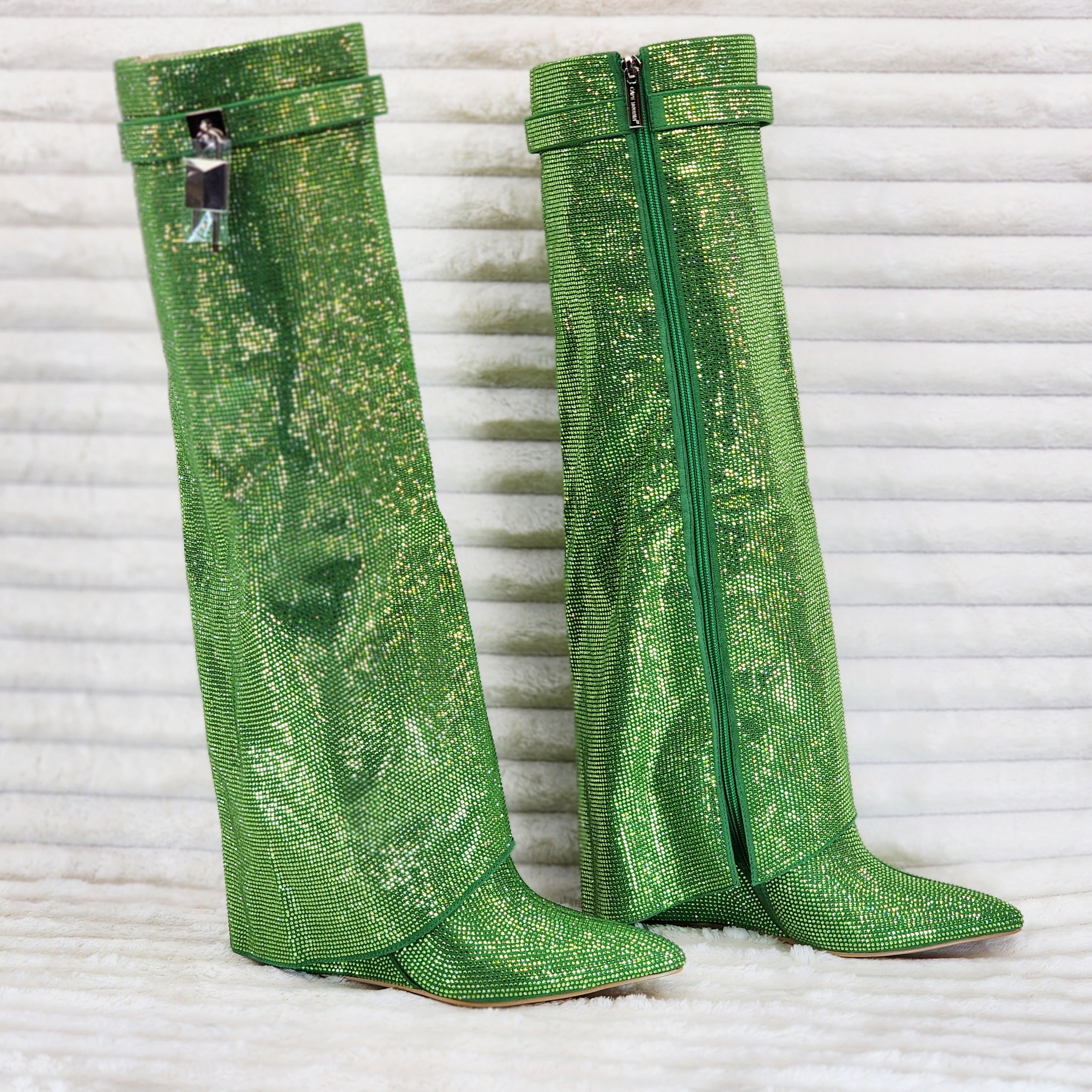 Super Sparkle Sharky Skirted Fold Over Wedge Heel Knee Boots Green - Totally Wicked Footwear