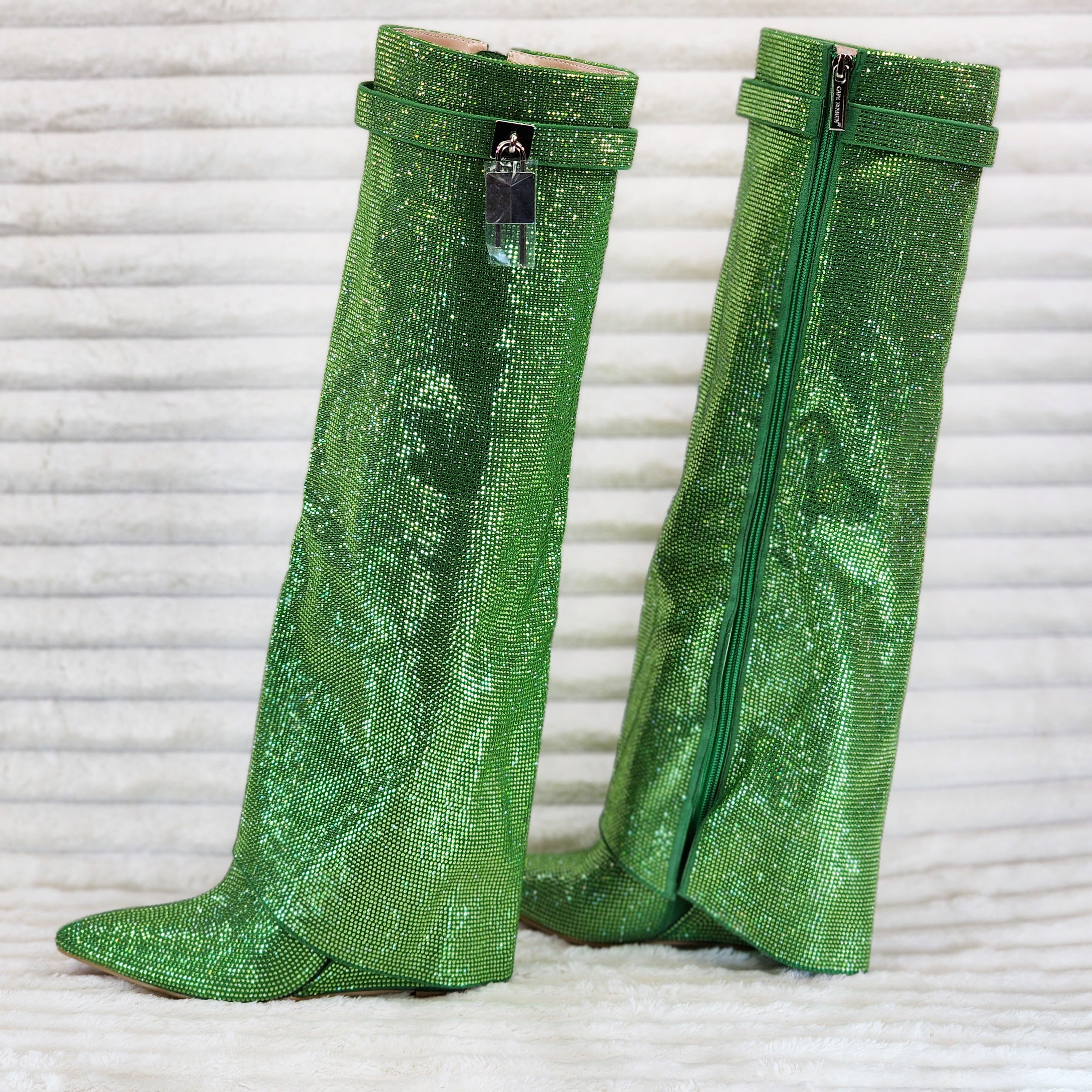 Super Sparkle Sharky Skirted Fold Over Wedge Heel Knee Boots Green - Totally Wicked Footwear