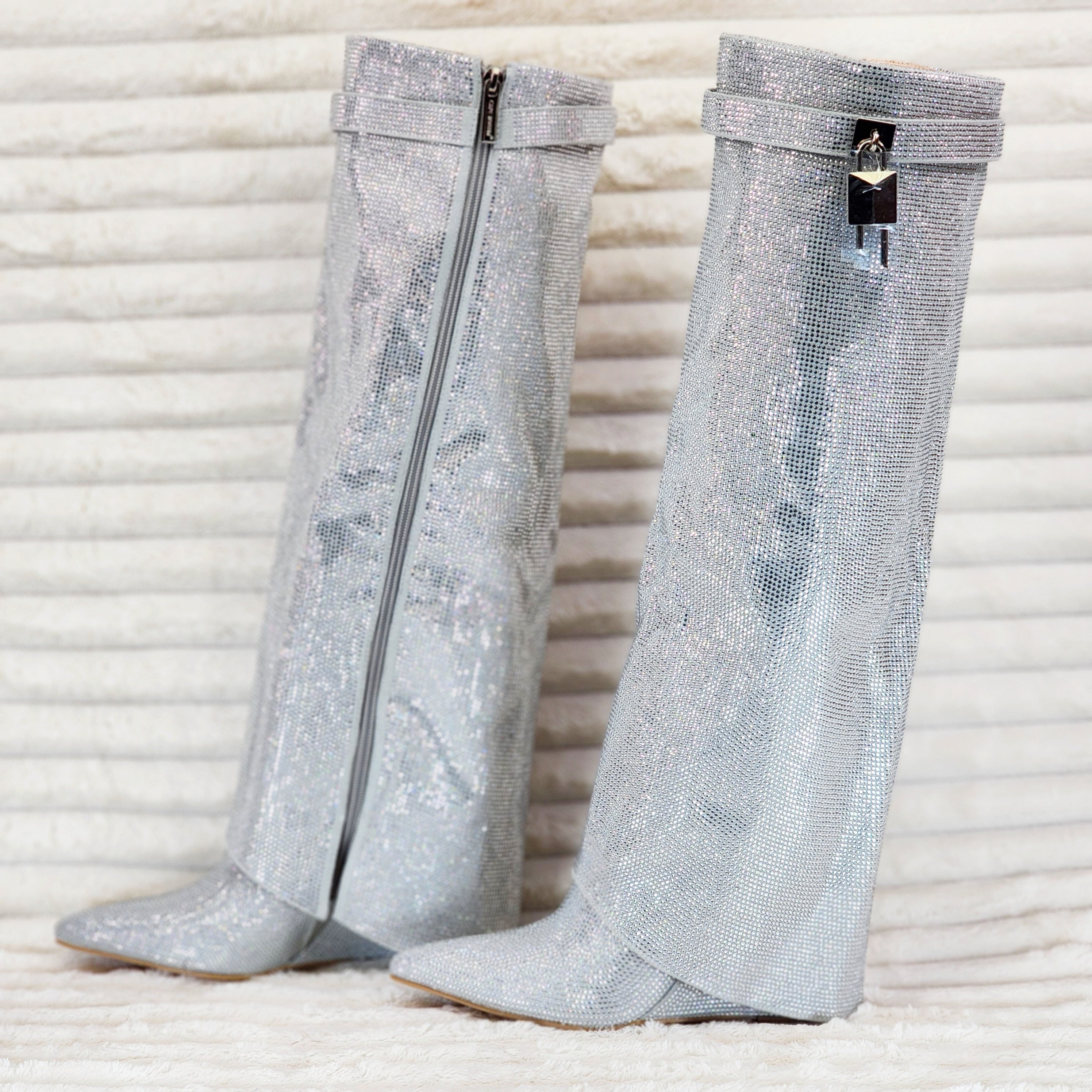 Super Sparkle Sharky Skirted Fold Over Wedge Heel Knee Boots Silver - Totally Wicked Footwear