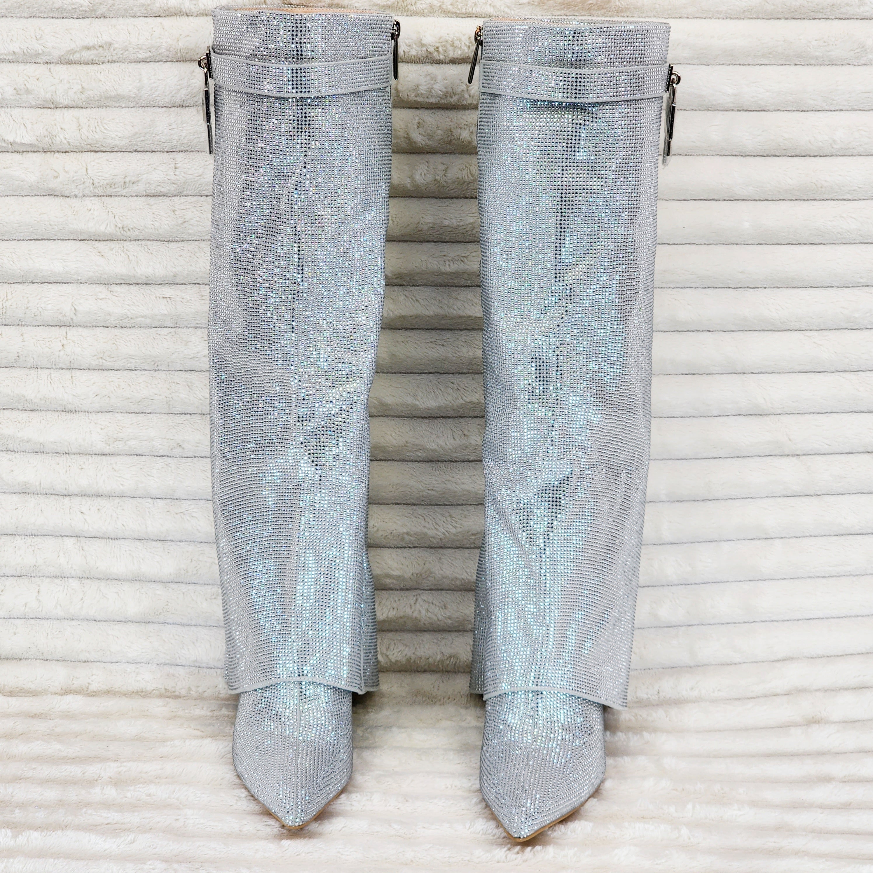 Super Sparkle Sharky Skirted Fold Over Wedge Heel Knee Boots Silver - Totally Wicked Footwear