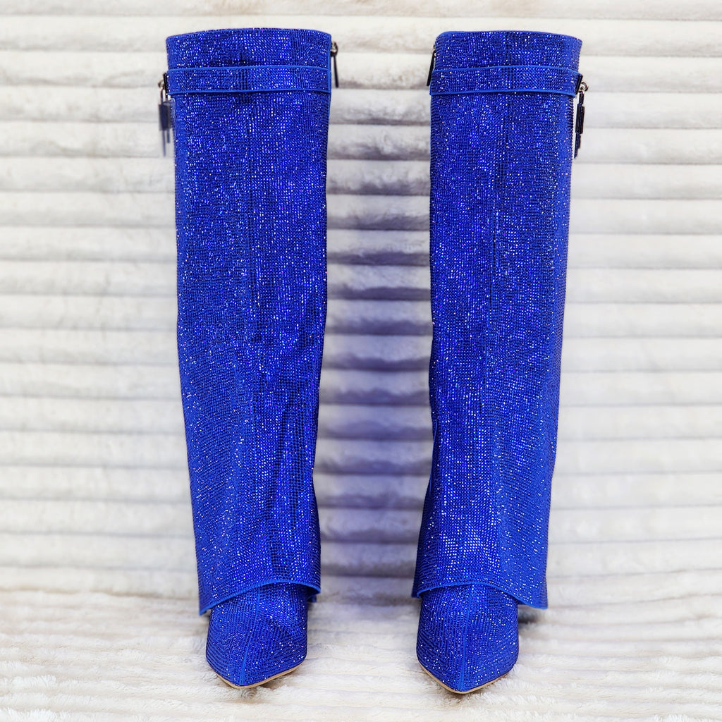 Super Sparkle Sharky Skirted Fold Over Wedge Heel Knee Boots Royal Blue - Totally Wicked Footwear