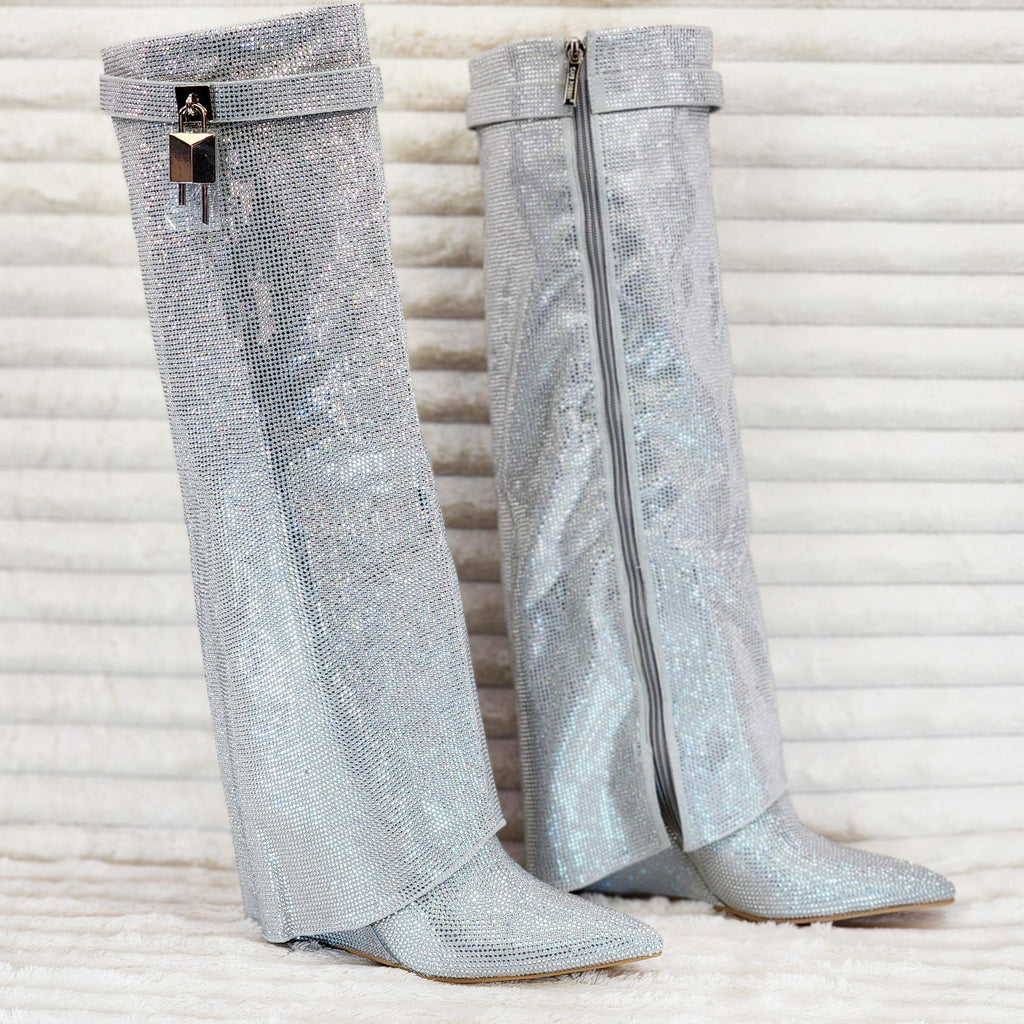 Super Sparkle Sharky Skirted Fold Over Wedge Heel Knee Boots Silver - Totally Wicked Footwear