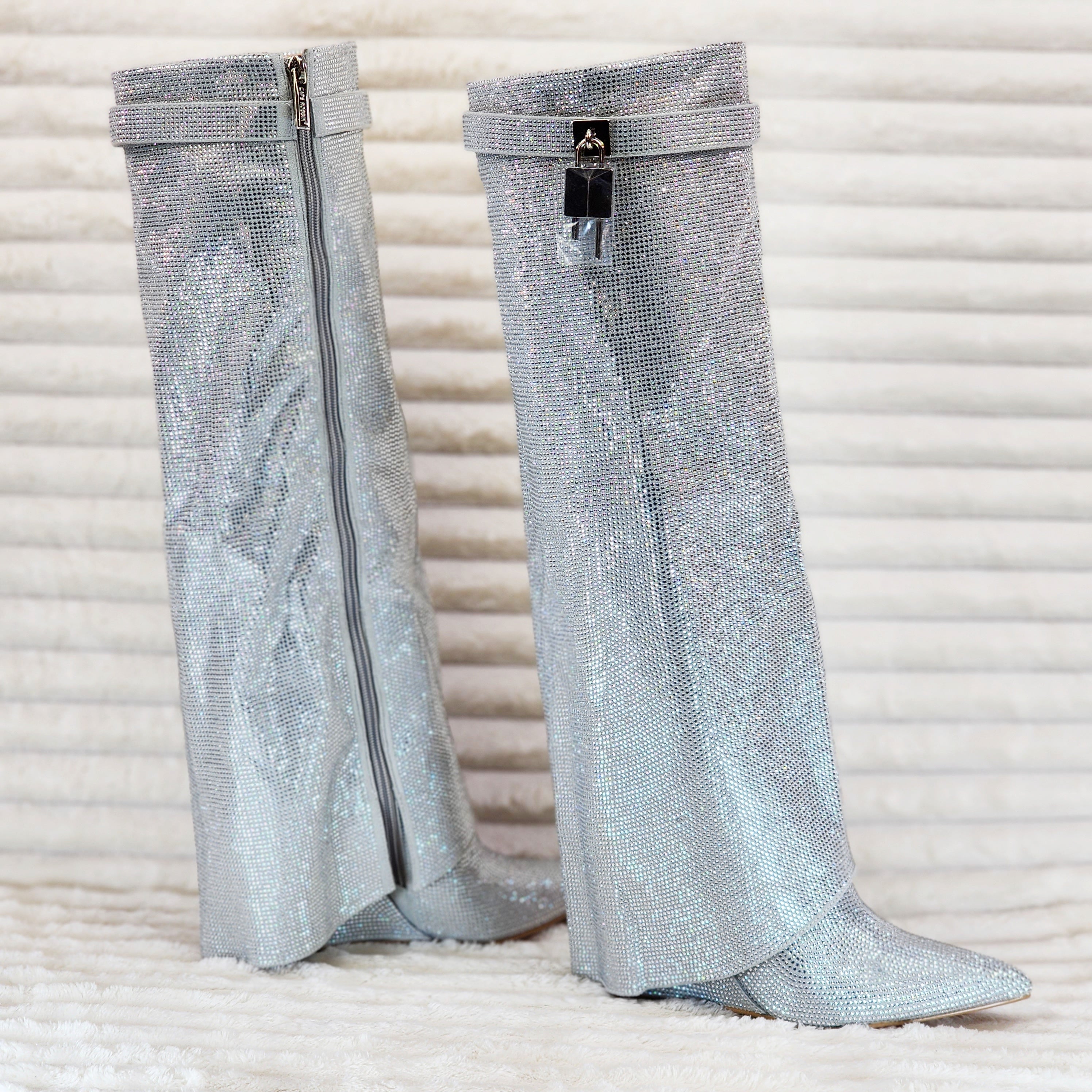 Super Sparkle Sharky Skirted Fold Over Wedge Heel Knee Boots Silver - Totally Wicked Footwear