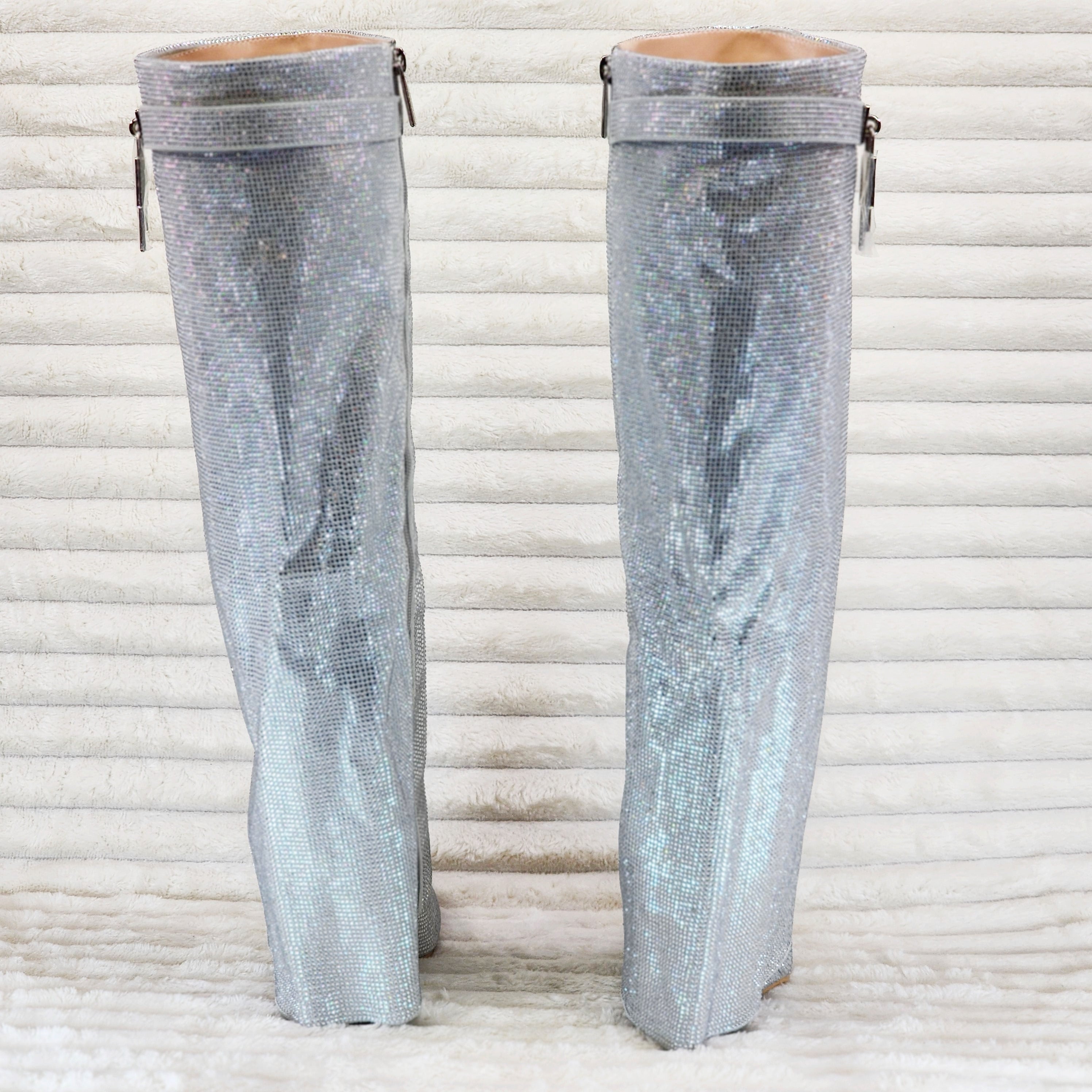 Super Sparkle Sharky Skirted Fold Over Wedge Heel Knee Boots Silver - Totally Wicked Footwear