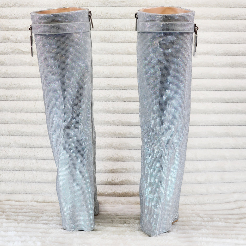 Super Sparkle Sharky Skirted Fold Over Wedge Heel Knee Boots Silver - Totally Wicked Footwear