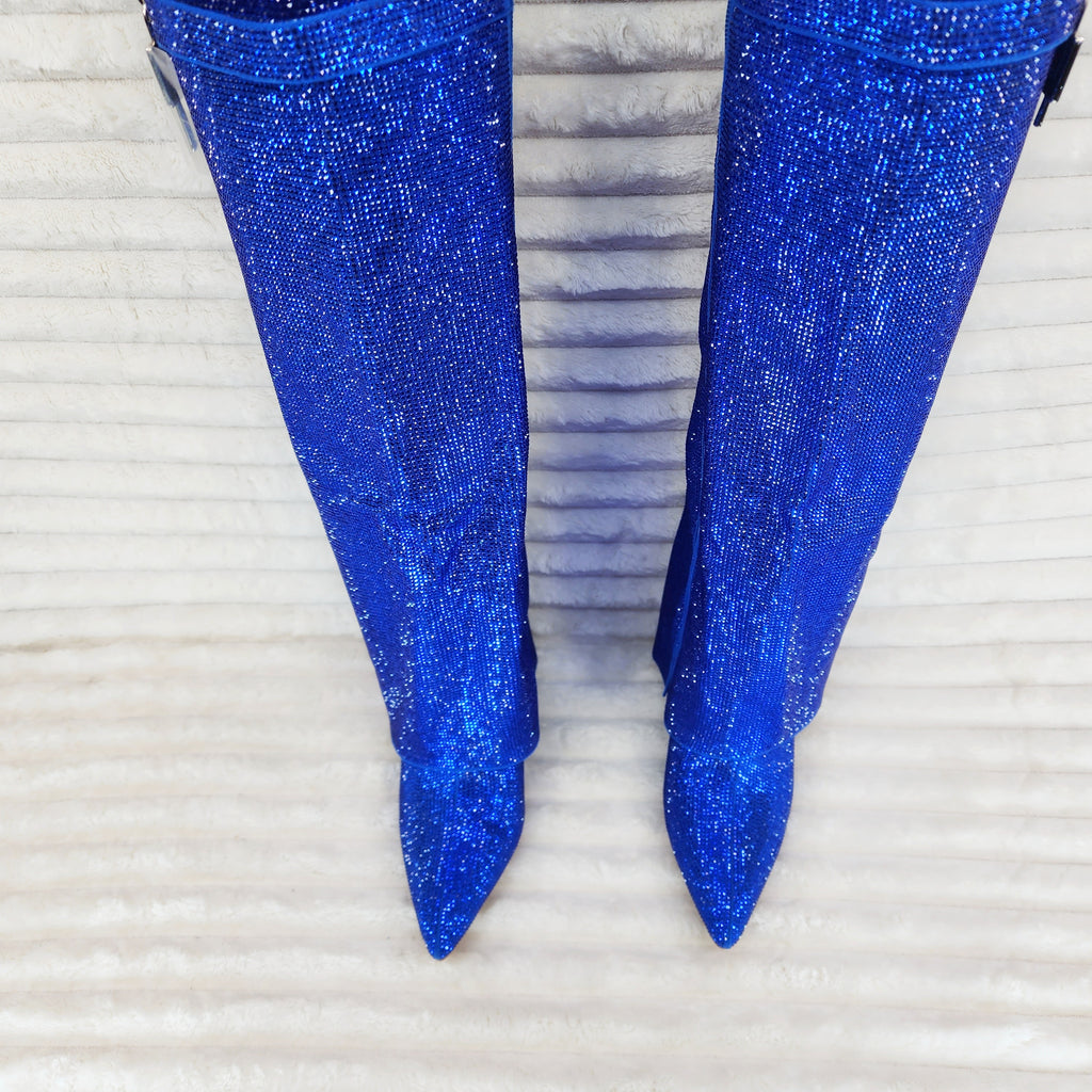 Super Sparkle Sharky Skirted Fold Over Wedge Heel Knee Boots Royal Blue - Totally Wicked Footwear