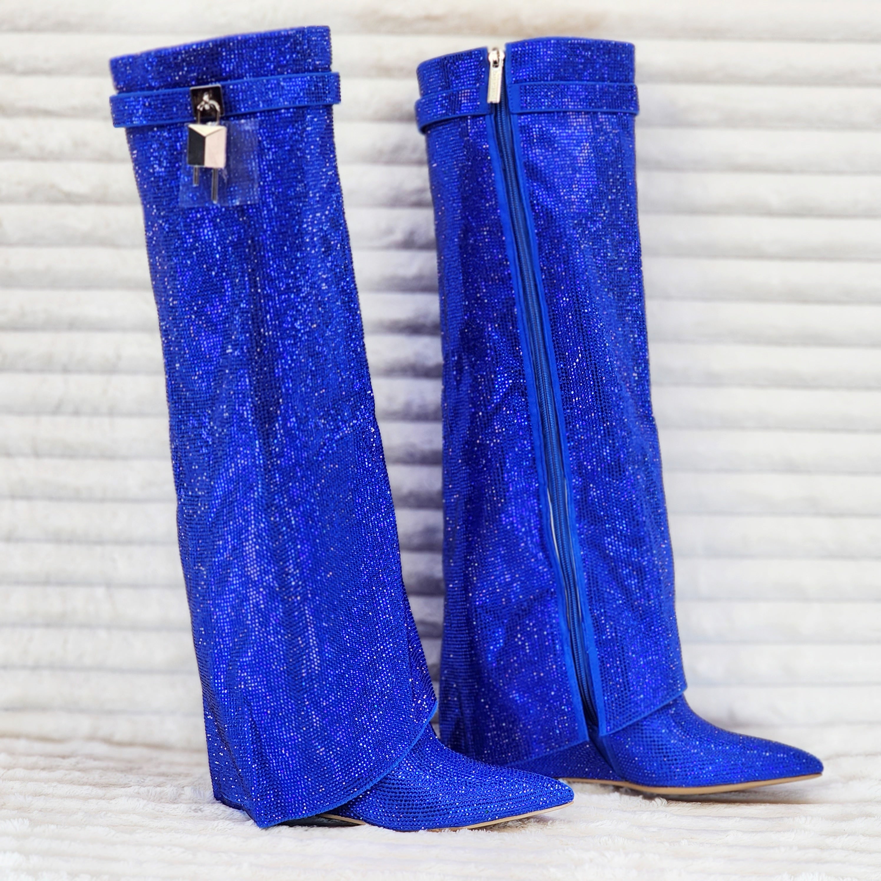 Super Sparkle Sharky Skirted Fold Over Wedge Heel Knee Boots Royal Blue - Totally Wicked Footwear