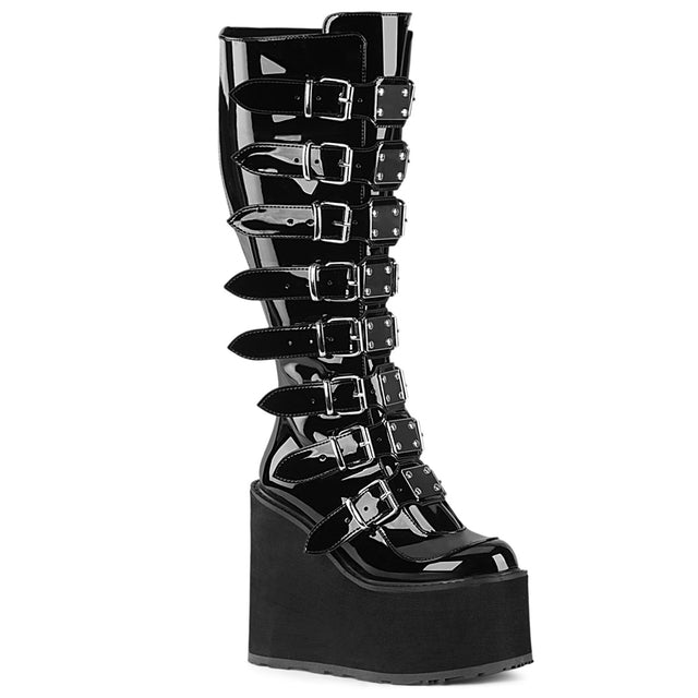 Swing 815WC Black Patent Wide Calf Platform Knee Boots - Totally Wicked Footwear