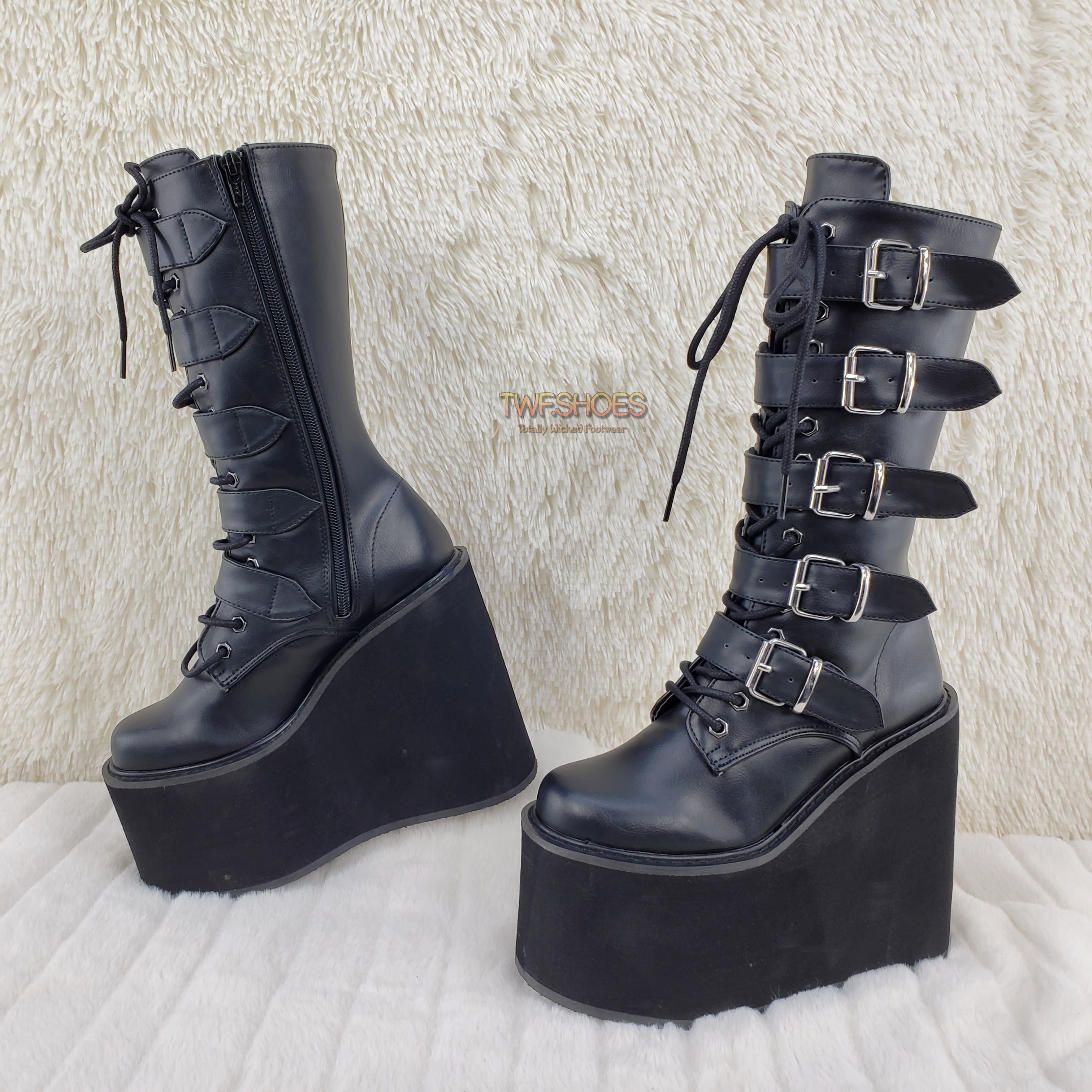 Demonia Swing 220 Black Matte Multi Buckle Goth Mid-Calf Boot 5.5" Platform - Totally Wicked Footwear