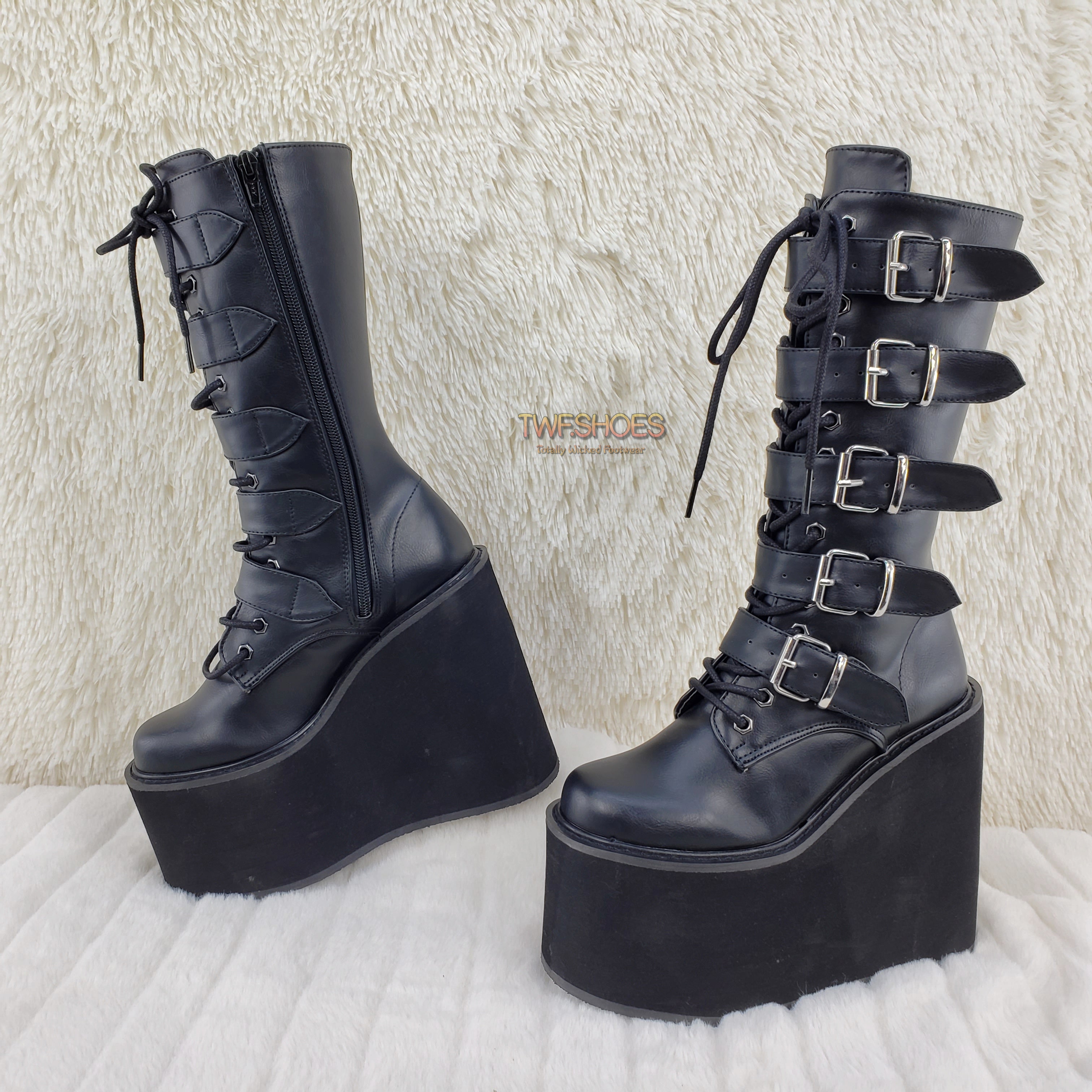 Demonia Swing 220 Black Matte Multi Buckle Goth Mid-Calf Boot 5.5" Platform - Totally Wicked Footwear