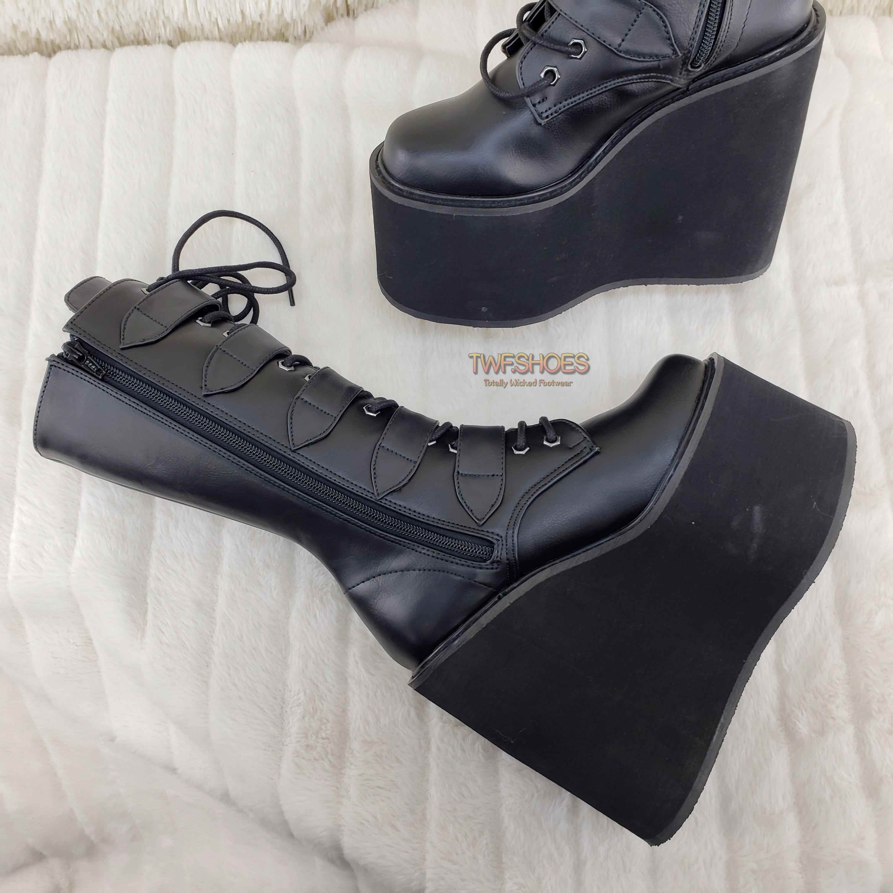 Demonia Swing 220 Black Matte Multi Buckle Goth Mid-Calf Boot 5.5" Platform - Totally Wicked Footwear