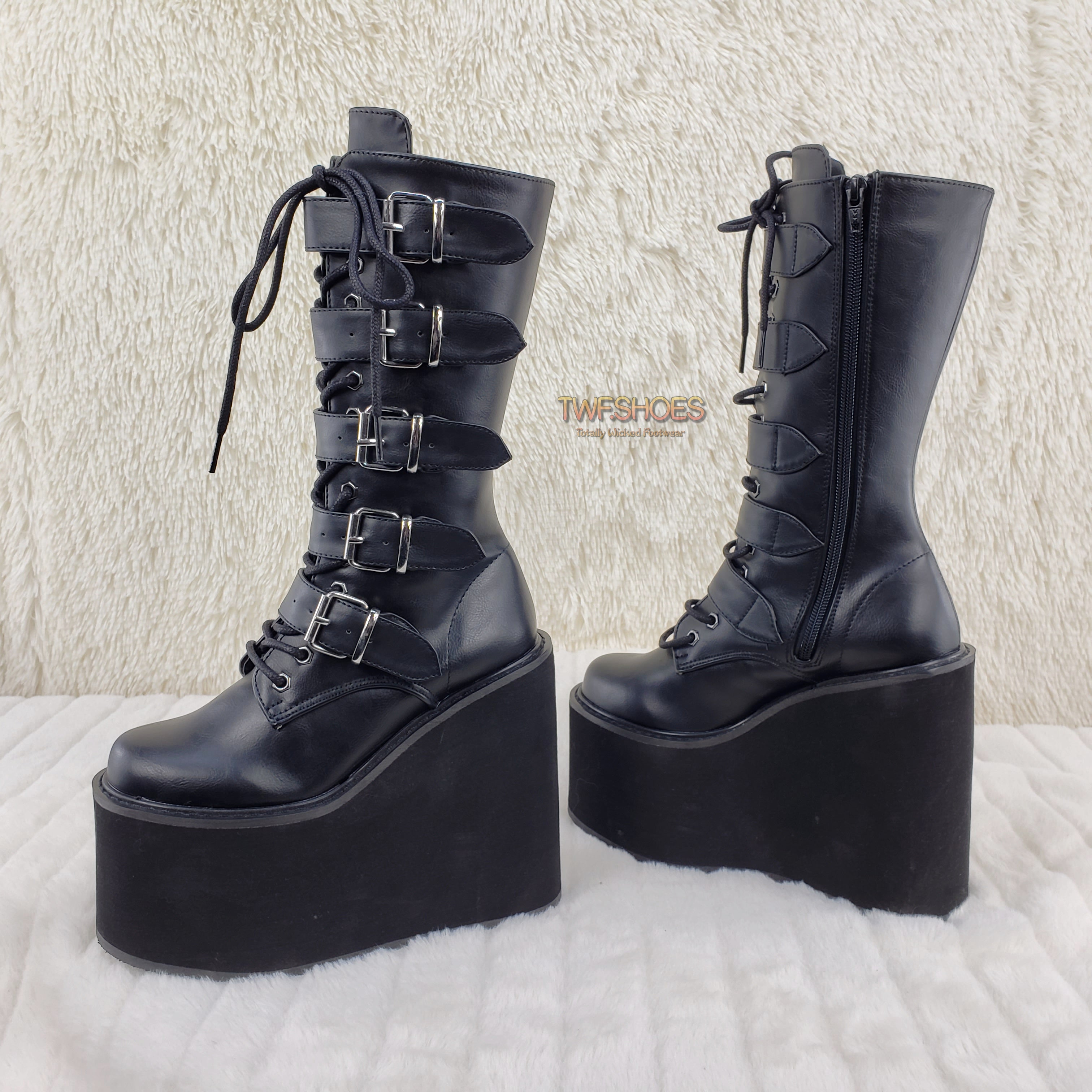 Demonia Swing 220 Black Matte Multi Buckle Goth Mid-Calf Boot 5.5" Platform - Totally Wicked Footwear