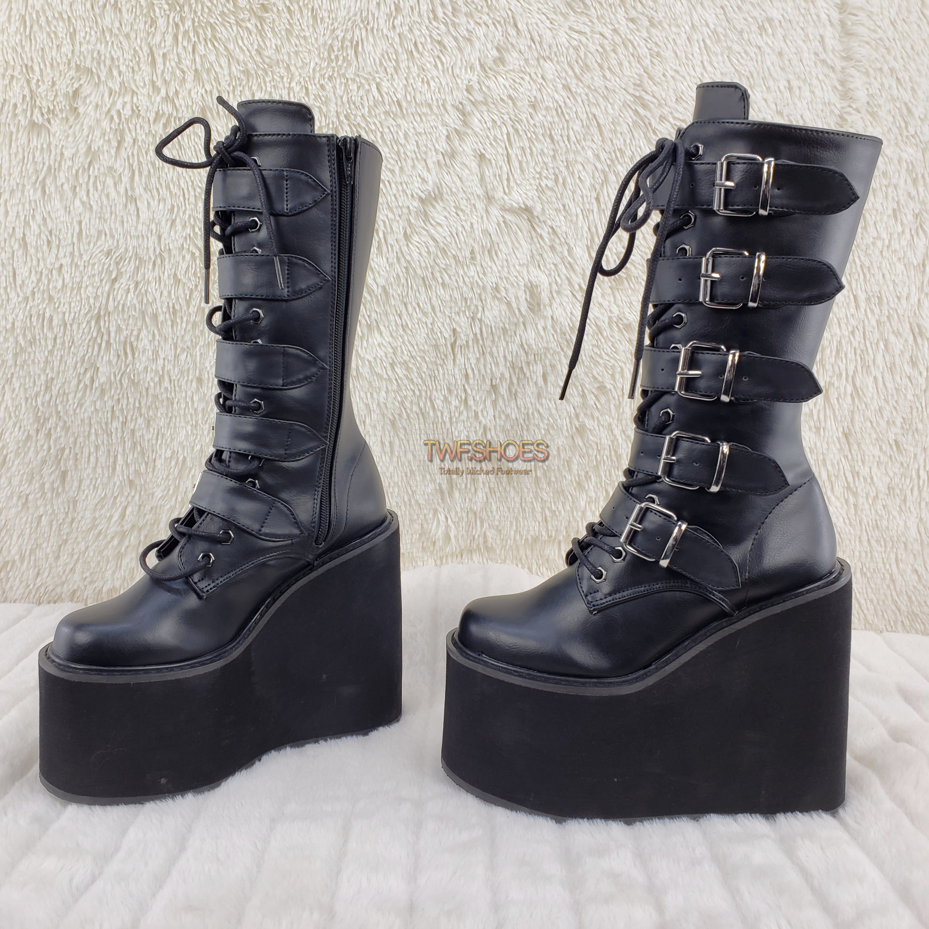 Demonia Swing 220 Black Matte Multi Buckle Goth Mid-Calf Boot 5.5" Platform - Totally Wicked Footwear