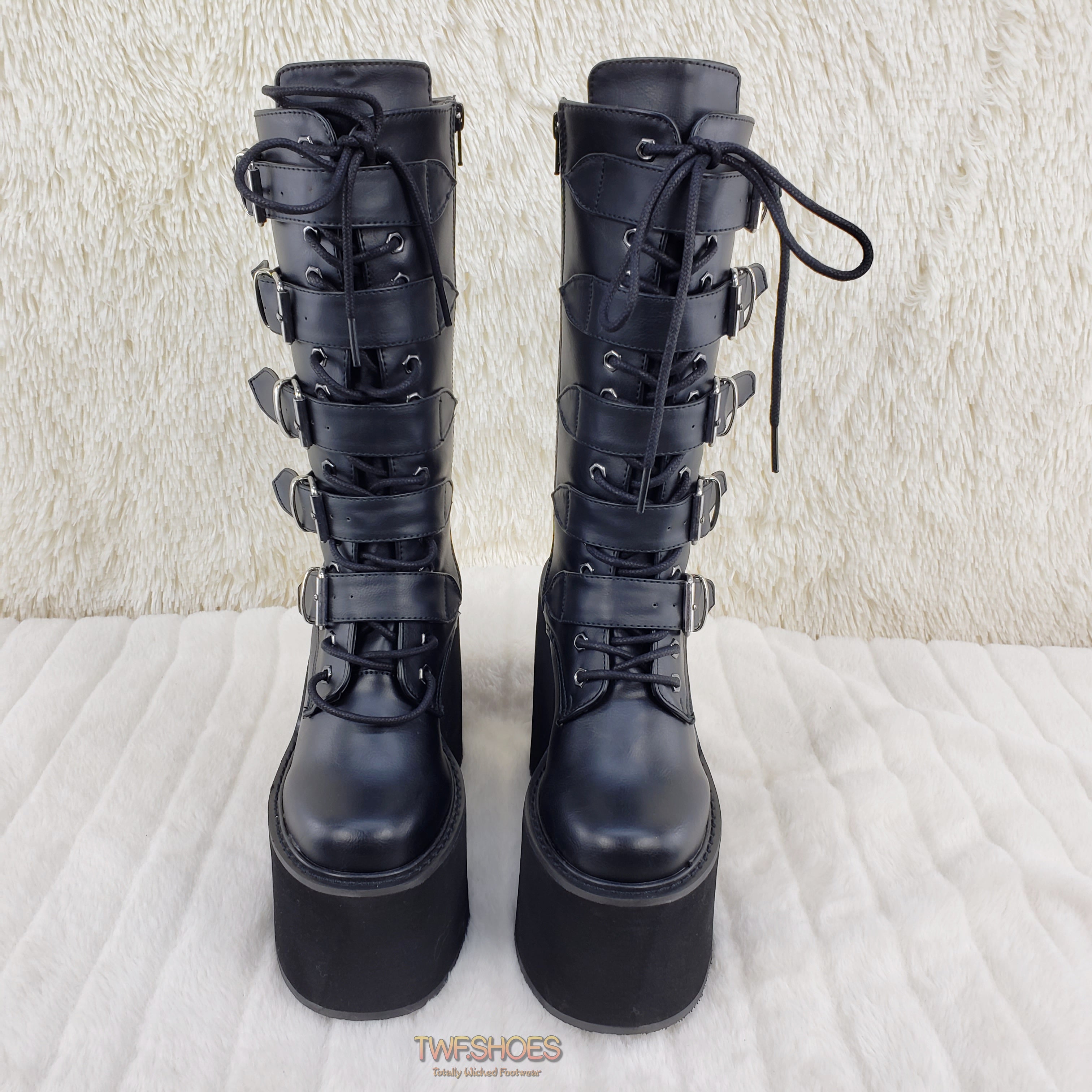 Demonia Swing 220 Black Matte Multi Buckle Goth Mid-Calf Boot 5.5" Platform - Totally Wicked Footwear