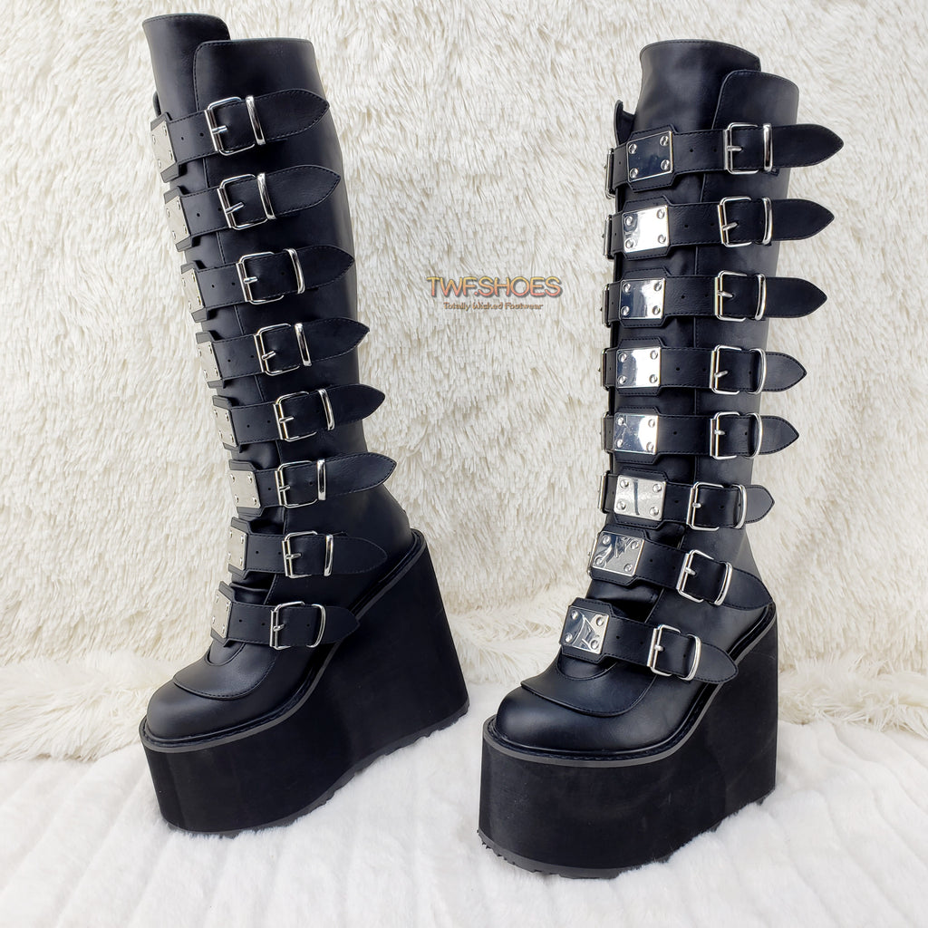 Demonia Swing 815 Black Matte Multi Buckle Goth Knee Boot 5.5" Platform Vegan - Totally Wicked Footwear