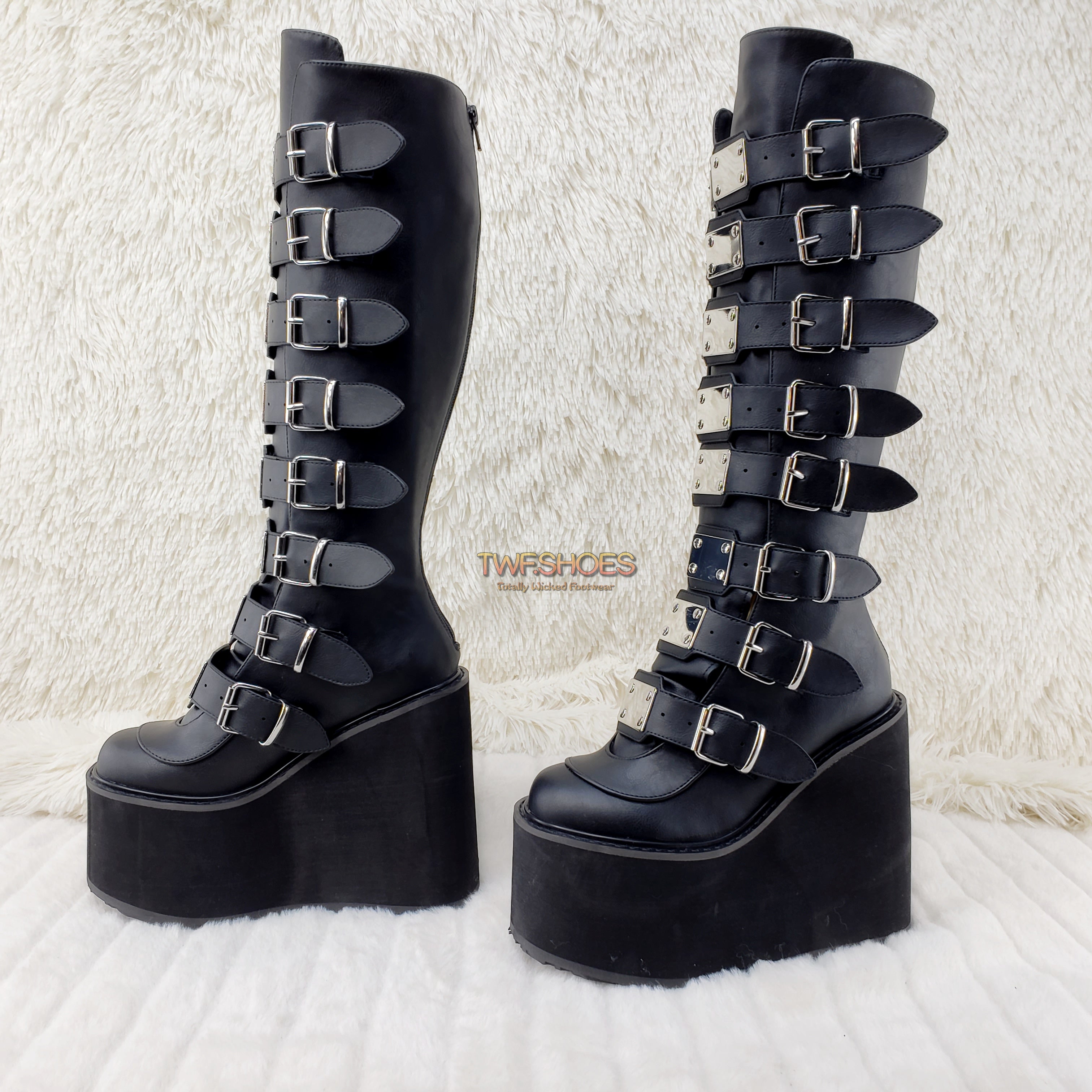 Demonia Swing 815 Black Matte Multi Buckle Goth Knee Boot 5.5" Platform Vegan - Totally Wicked Footwear