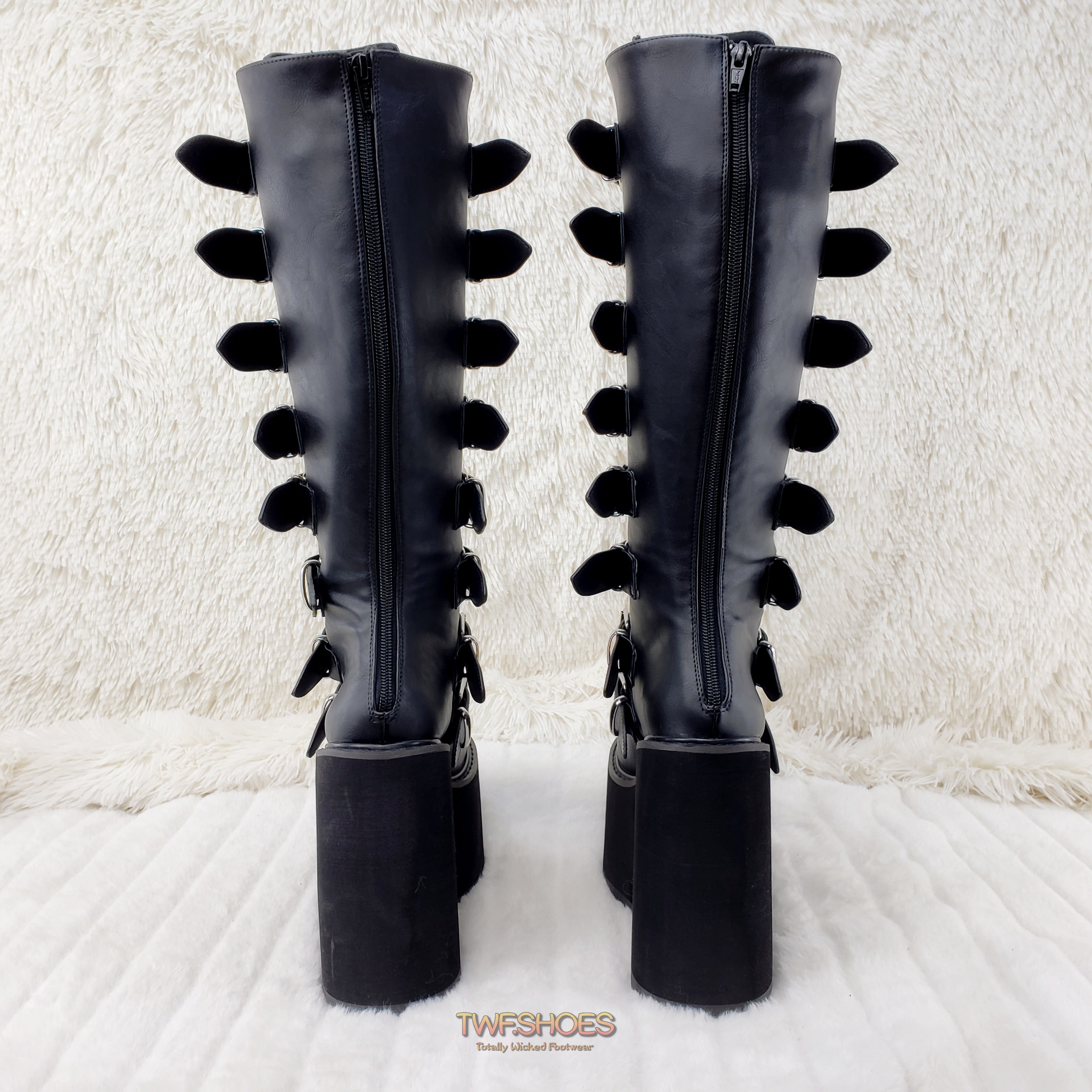 Demonia Swing 815 Black Matte Multi Buckle Goth Knee Boot 5.5" Platform Vegan - Totally Wicked Footwear