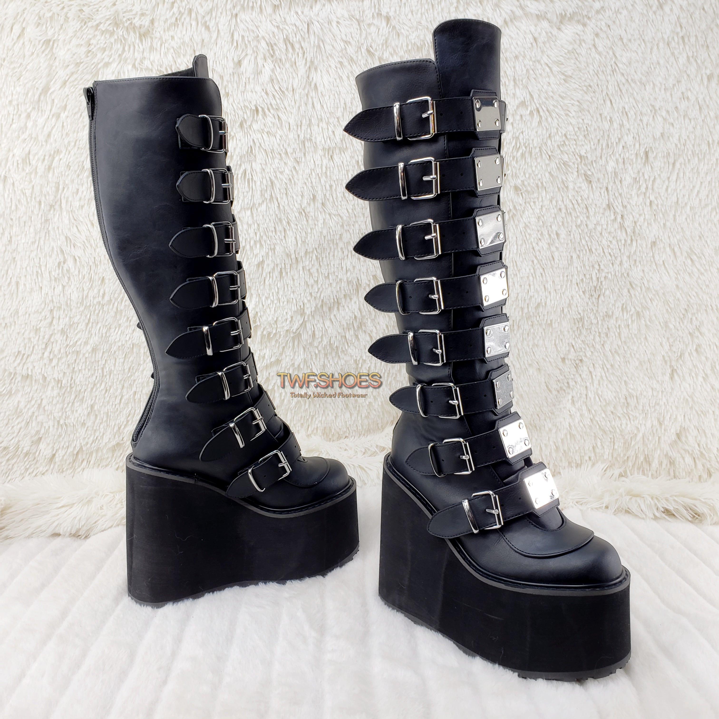 Demonia Swing 815 Black Matte Multi Buckle Goth Knee Boot 5.5" Platform Vegan - Totally Wicked Footwear