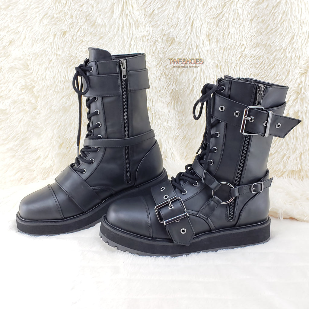 Valor 220 Black Vegan Leather Buckle Harness Strap Mid Calf Boot - Totally Wicked Footwear
