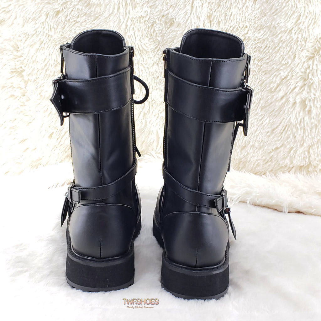 Valor 220 Black Vegan Leather Buckle Harness Strap Mid Calf Boot - Totally Wicked Footwear